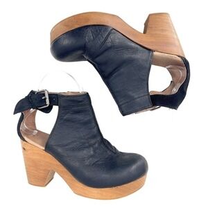 Vtg Womens Black Leather Platform Clog Wood Heel Ankle Strap Spain 6.5 37